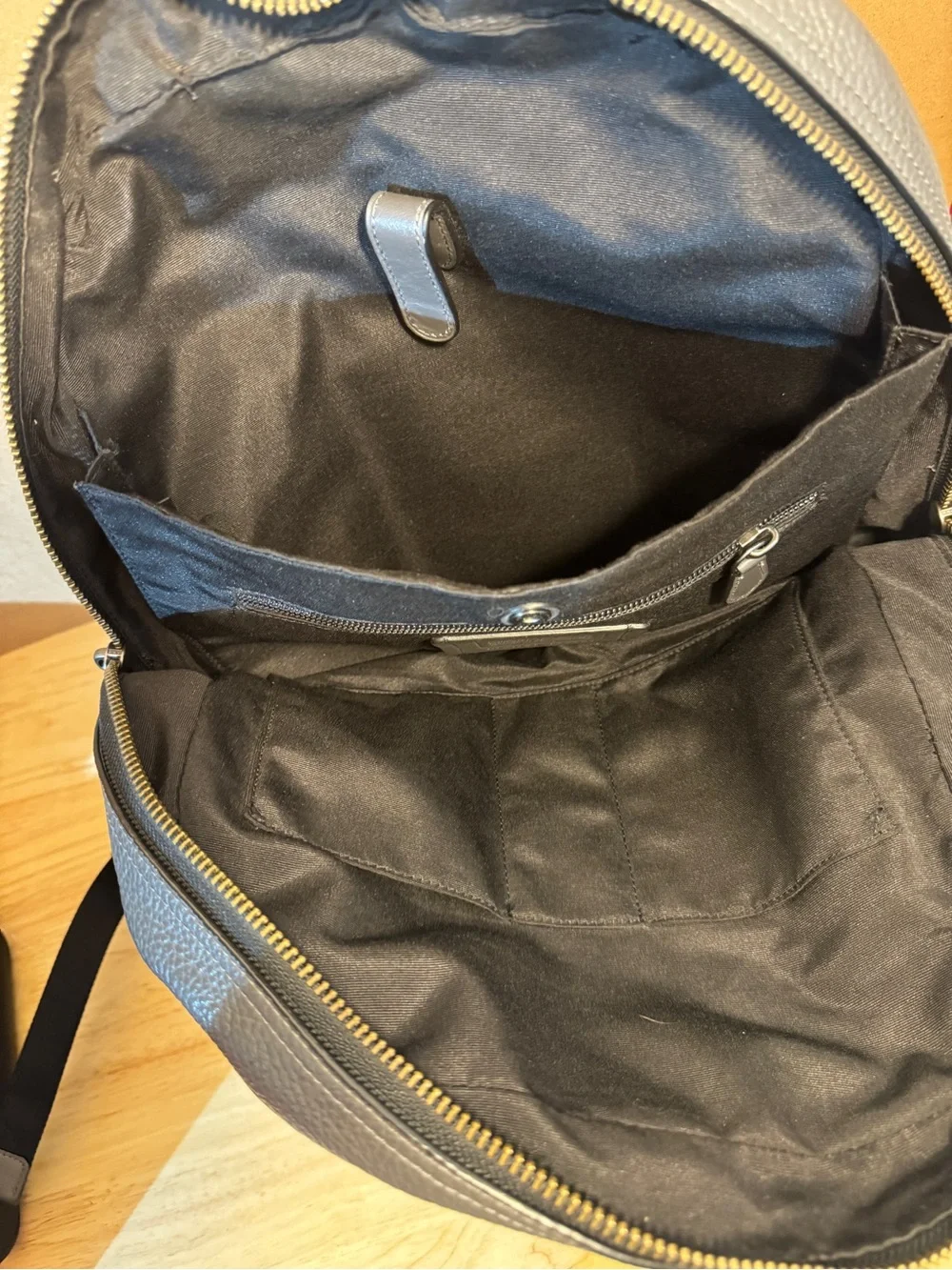 Coach Men's Gray Leather Backpack with Blue Stripe